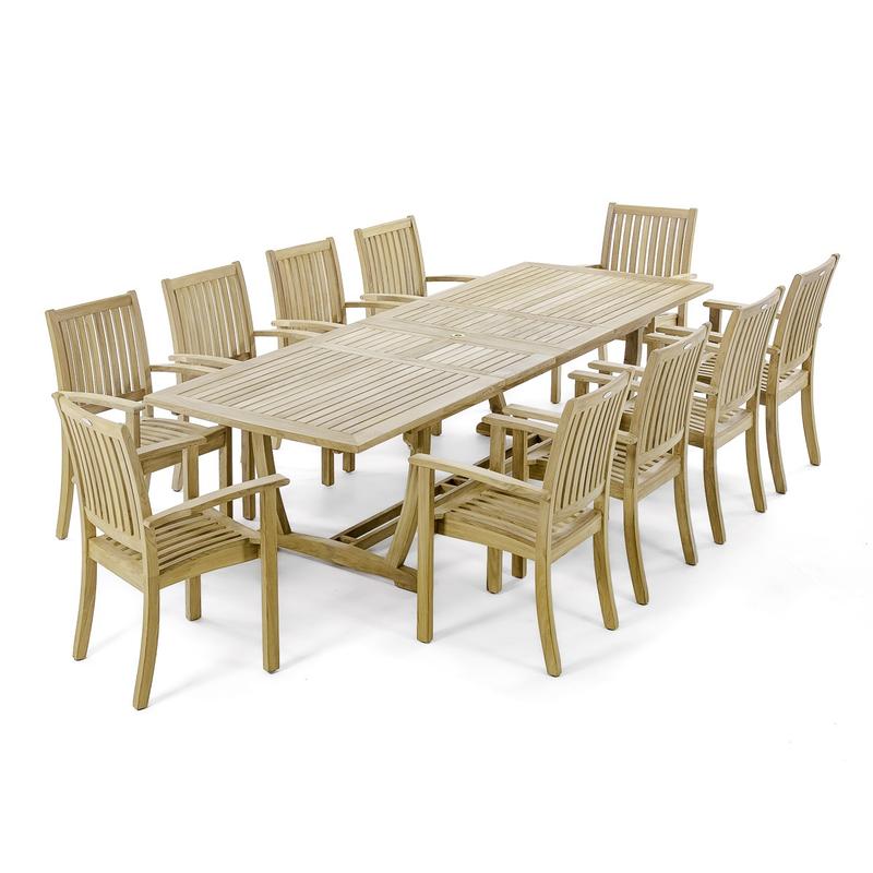alt="70758 Sussex Veranda 11 piece teak dining set of 10 teak dining armchairs and rectangular dining table end angled view on white background"