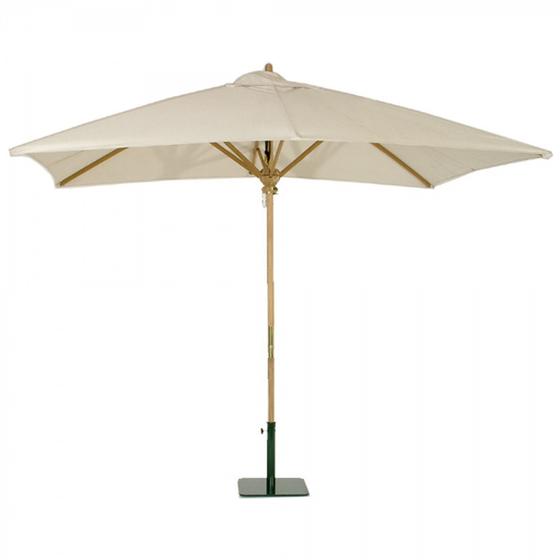 17640F Grand 10 feet Rectangular teak Umbrella with white canvas canopy extended in a heavy metal parasol base on a white background