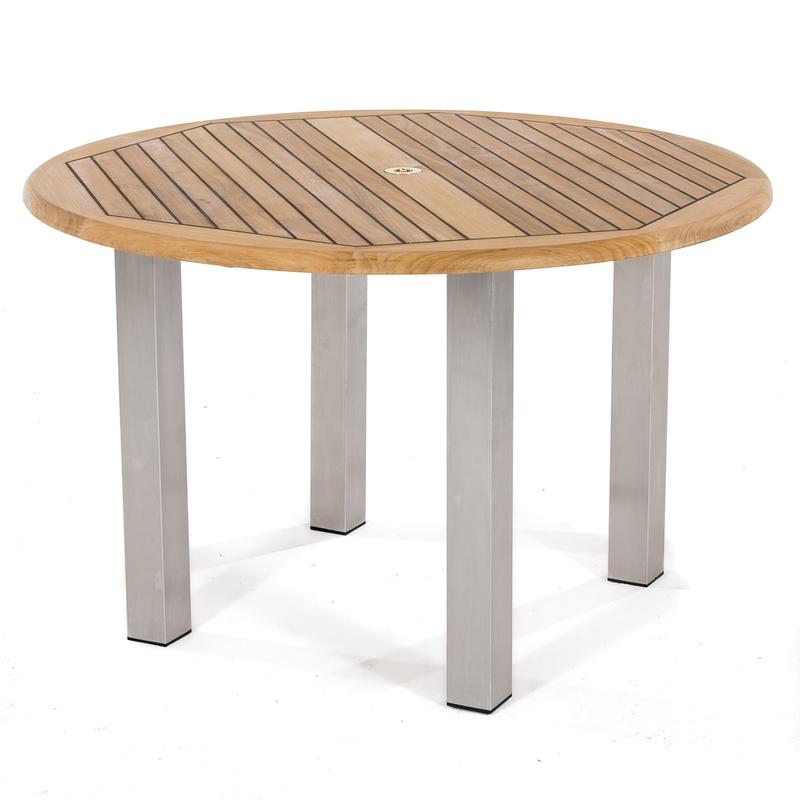 alt="25013 Vogue Teak and Stainless Steel 4 foot Round Dining Table angle side view on white background"