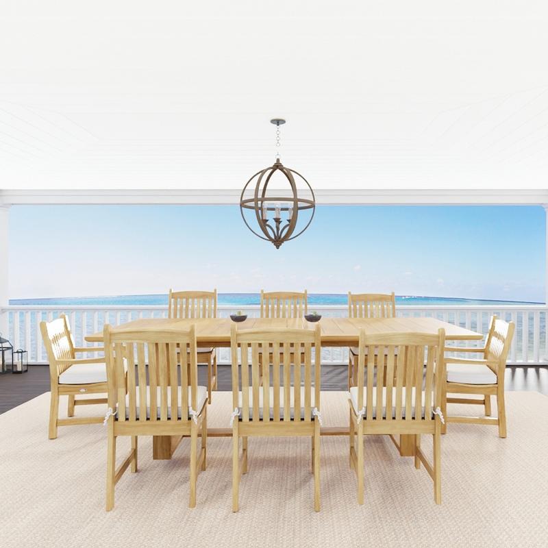 alt="70925 Horizon Veranda teak rectangular dining set of Horizon rectangular table and 6 Veranda Side Chairs and 2 Armchairs with optional cushions angled on covered patio with ocean in background"