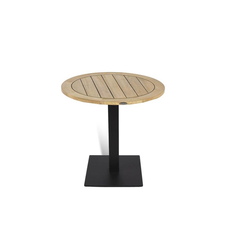 alt="15852 Vogue Teak 30 inch Round Table on the 28 inch high Black Steel Table Base angled on white background"