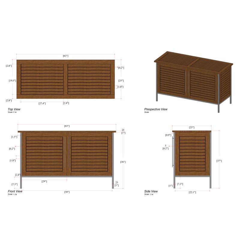 alt="28226 Vogue Teak and Stainless Steel Beverage Console showing autocad of front and side and top and perspective views on white background"