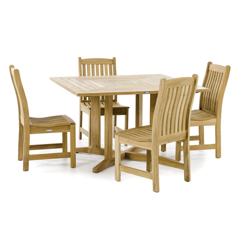 alt="70709 Veranda Pyramid 5 piece Bistro Dining Set of 4 teak side chairs and teak 48 inch square dining table side view on white background"