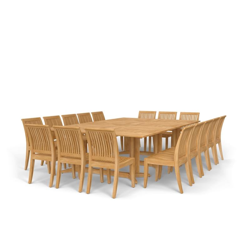 alt="70288 Pyramid Teak Dining Set for 16 showing 3 Pyramid 72 inch Rectangular Dining Tables and 16 Laguna Teak Side Chairs in angled corner view on white background"