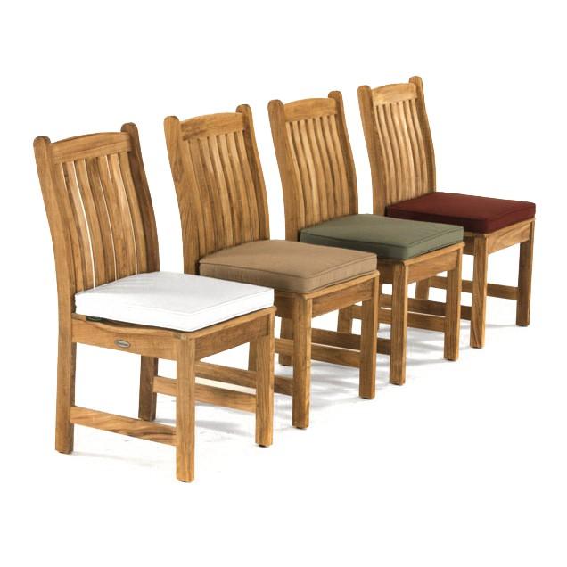 alt="70040 Veranda Hyatt teak dining side chair showing 4 chairs with optional different colored seat cushions angled on white background"
