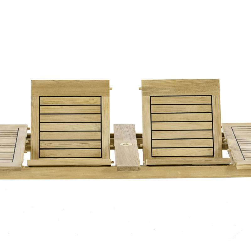 alt="15978 Grand Laguna teak 11 foot rectangle dining table showing closeup view of double butterfly extensions side view on white background"