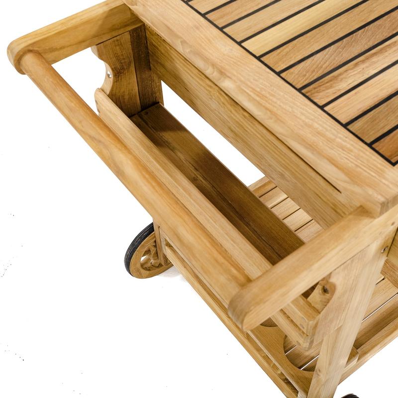 alt="17105 Alicante teak Trolley Cart angled view showing push handle on white background"