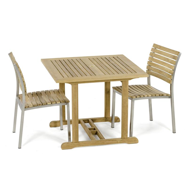 alt="70744 Vogue 3 piece Square Bistro Set of teak 39 inch square table and 2 teak and stainless steel dining side chairs angled top view on white background "