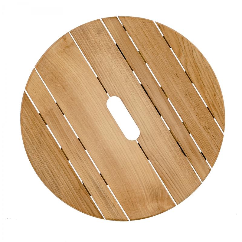 alt="14916 surf teak side table top view showing carrying handle on white background"