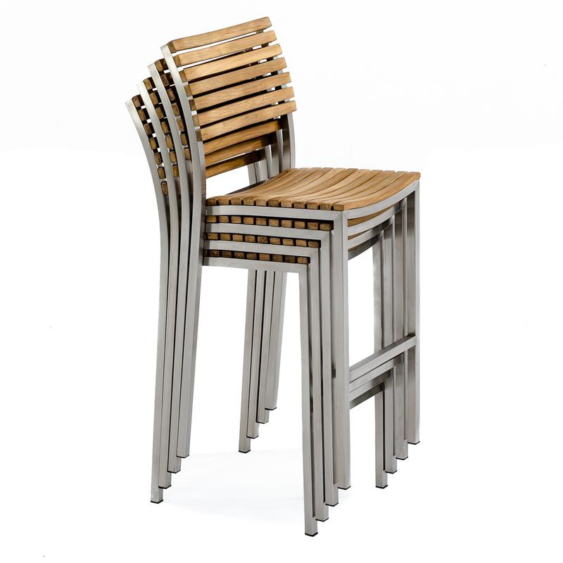 alt="21510 Vogue Teak and Stainless Steel Bar Stool stacked 4 high side view on white background"