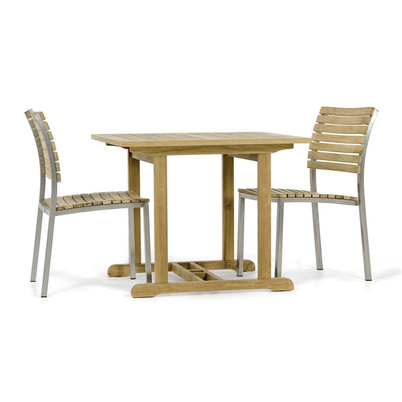 alt="70744 Vogue 3 piece Square Bistro Set of teak 39 inch square table and 2 teak and stainless steel dining side chairs on white background "