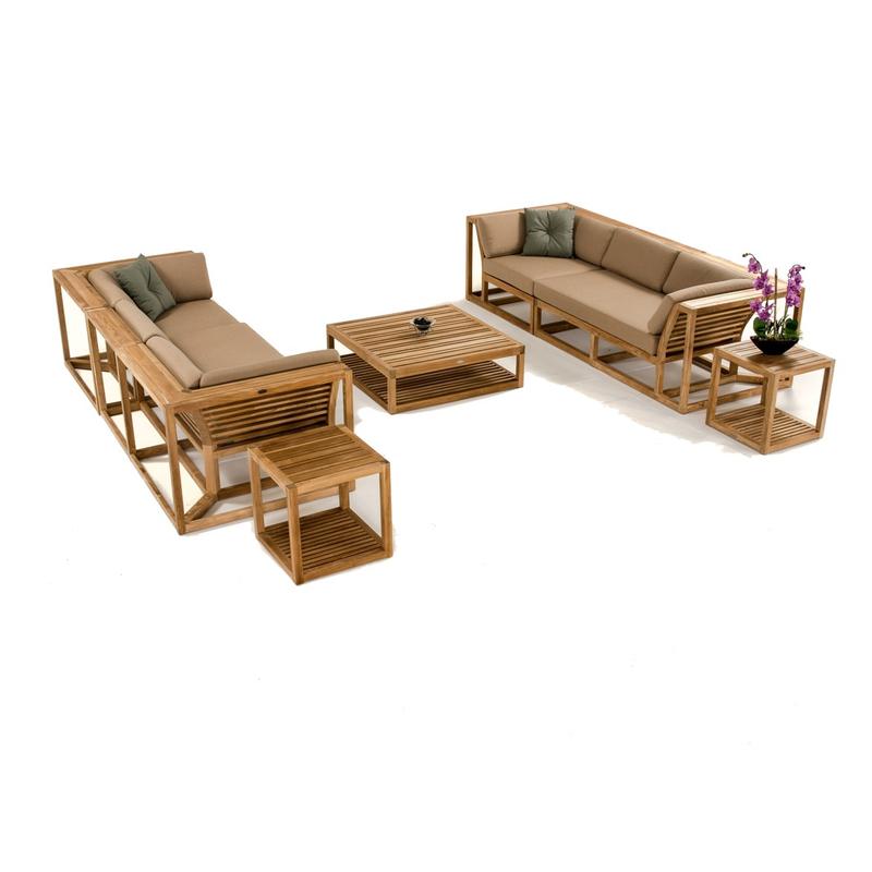 alt="70234 Maya 7 pc Twin Sofa Set with cushions two throw pillows aerial view orchid plant on side table bowl of decorative stones on coffee table on a white background "