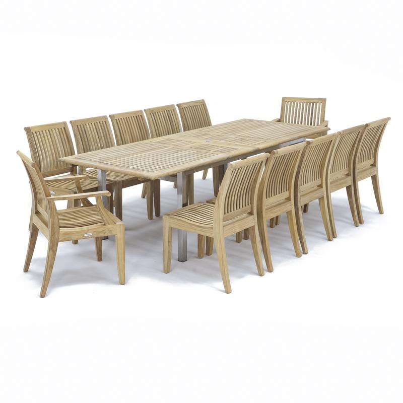 alt="70827 Grand Vogue Laguna 13 pc Dining Set of Vogue Grand Extending Rectangular Table and 10 Laguna Side Chairs and 2 Laguna Dining Chairs angled end top view on white background"