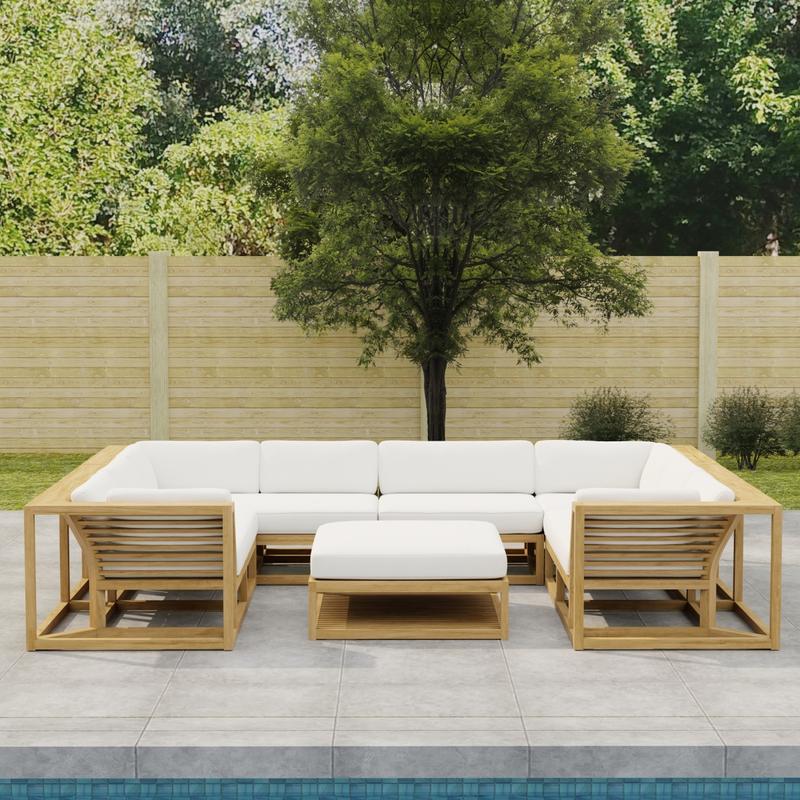 alt="70752 Maya 6pc Lounge Set with canvas colored cushions in front profile view on patio overlooking a pool with trees and fence in the background"