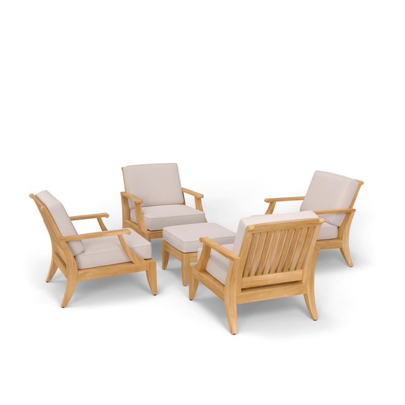 alt="70906 Laguna Chair & Ottoman Set for 4 with cushions angled aerial view on white background"