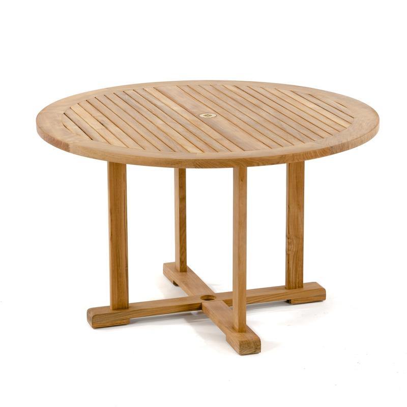 alt="15047 Teak 4ft Round Dining Table in angled side view of table top on white background"