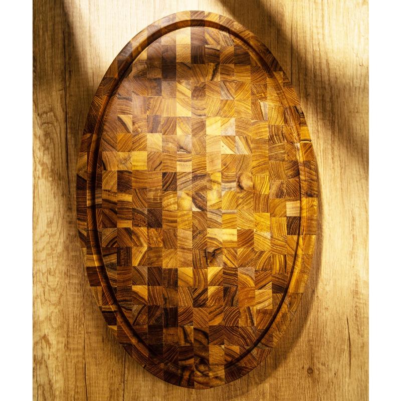 alt="19125 Butcher Block 20 inch Oval Charcuterie Cutting Board showing aerial view of the cutting board on a counter top"