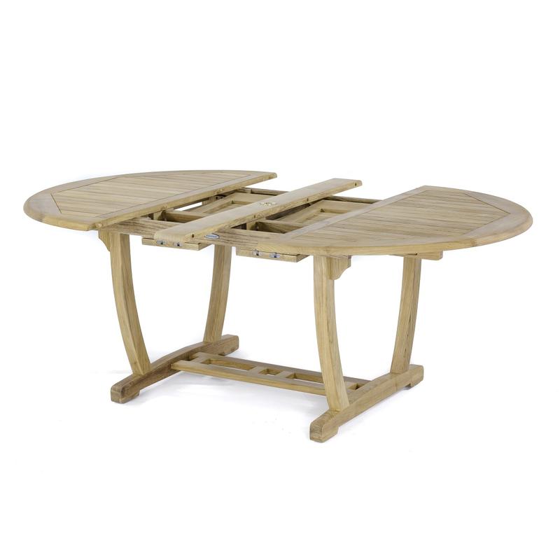 alt="70266 Martinique Sussex teak extension table with double butterfly leaf extensions in closed position side angled view on white background"