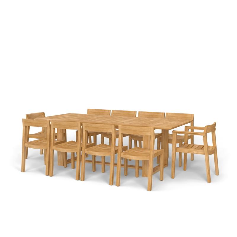 alt="70457 Horizon 11 pc Teak Dining Set of Horizon Rectangular Teak DIning Table and 2 Teak Dining Armchairs and 8 Teak Side Chairs in angled side view on white background"