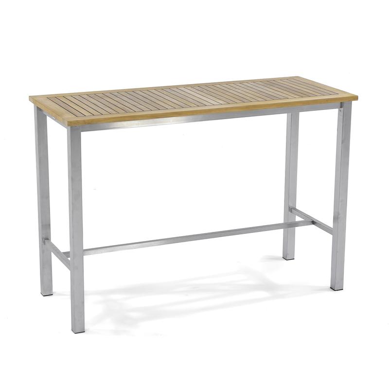 alt=" 70630 Vogue Somerset teak and stainless steel 5 foot long bar table angled on white background"