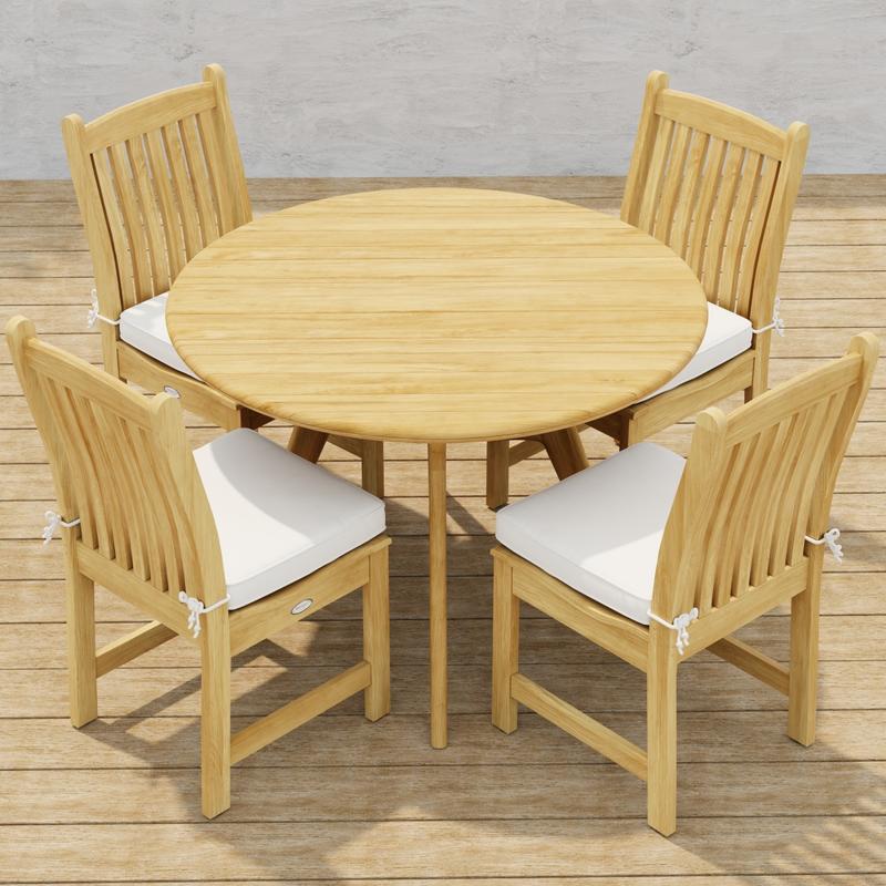 alt="70356 Veranda Surf 5 pc Cafe Dining Set of a Surf 42 inch round dining table and 4 Veranda Side Chairs with optional seat cushions angled aerial view on wood deck with ocean background  "