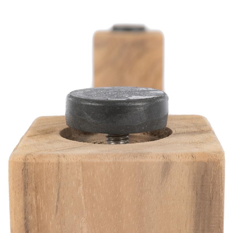alt="15771 Teak Bistro Table 30 in diameter bottom of leg showing leveler on white background"