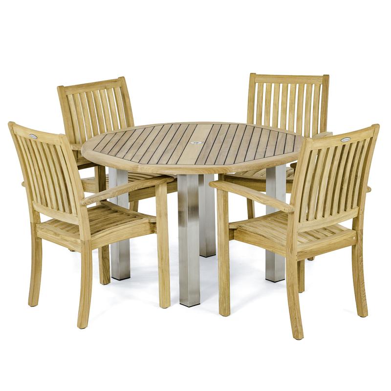 alt="70624 Vogue Sussex Dining Set of the Vogue 48 inch Round Dining Table and 4 Sussex Stacking Chairs side angled on white background"