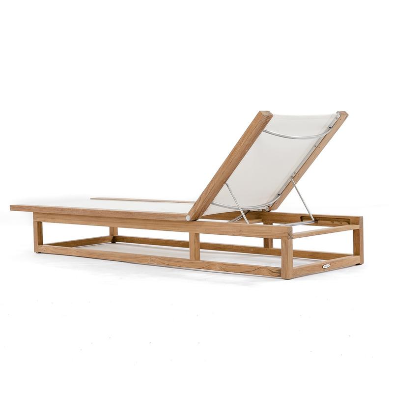 alt="16771 Maya teak Sling Lounger in white textilene mesh fabric in angled back view with upright back rest on white background"
