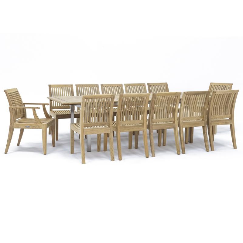 alt="70827 Grand Vogue Laguna 13 pc Dining Set of Vogue Grand Extending Rectangular Table and 10 Laguna Side Chairs and 2 Laguna Dining Chairs angled side view on white background"