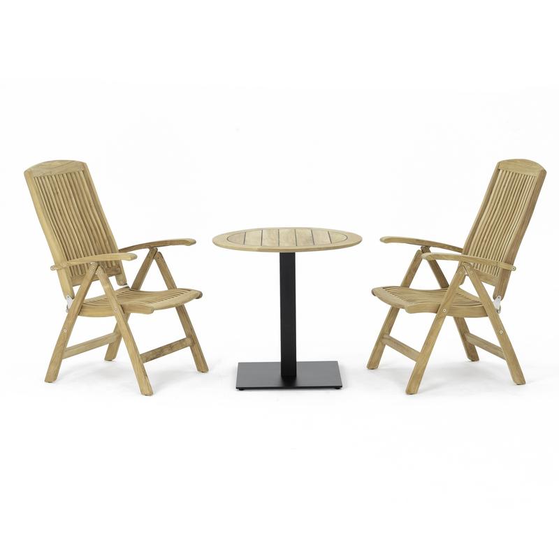 alt="70224 Barbuda Teak Bistro Recliner Set  of Vogue Teak 30 inch round table and 2 Barbuda Recliner Chairs angled side view on white background"