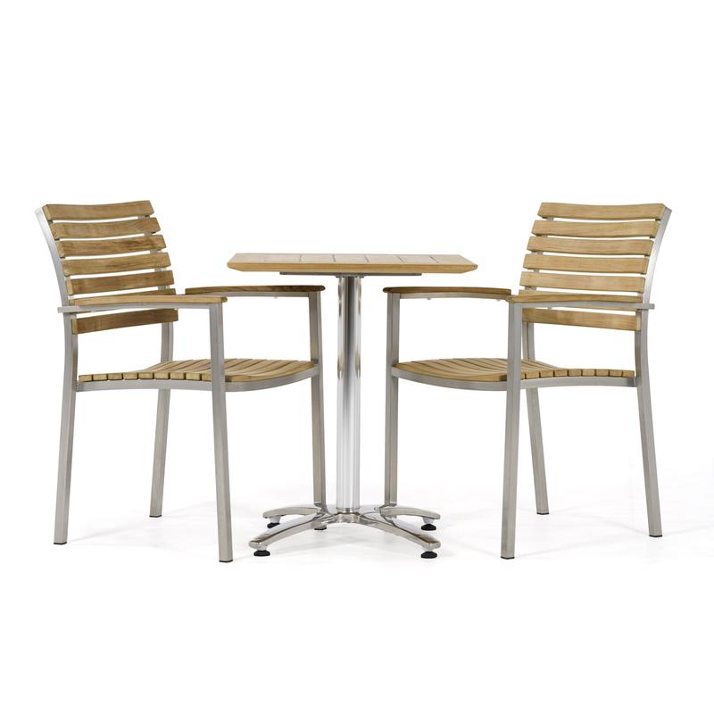 alt="70668 Veranda Vogue Bistro Set of teak and stainless steel rectangular table and 2 teak dining chairs on white background"