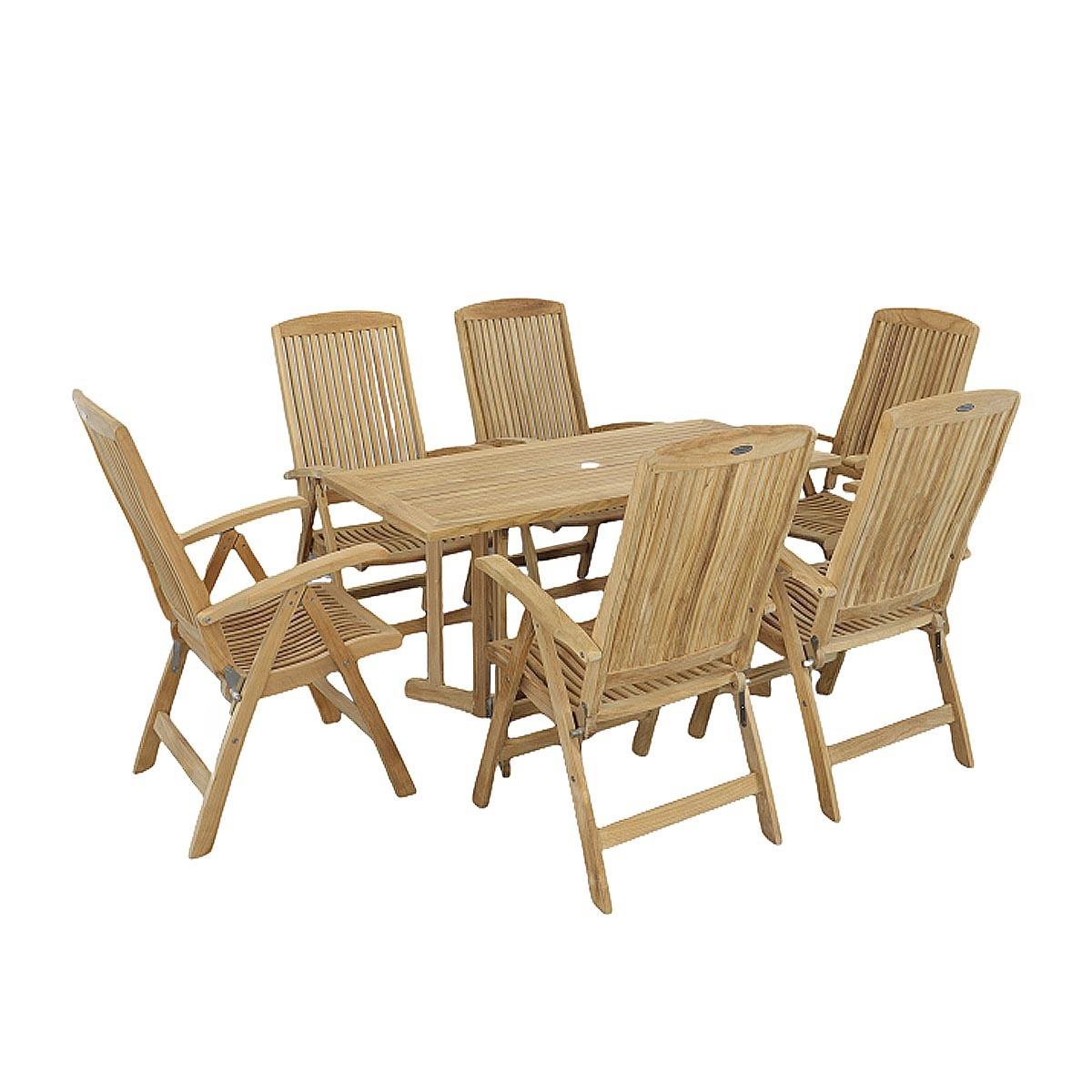 70903 Nevis Barbuda 7 piece Recliner Dining Set of 6 Barbuda dining chairs and Nevis teak rectangular table side angled on white background
