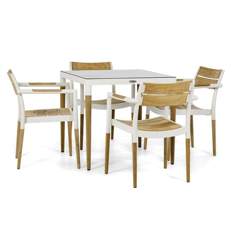 alt="70448 Bloom 5 piece Dining Set of a 32 inch square teak and powder coated aluminum dining table with glass top and 4 dining armchairs on white background"