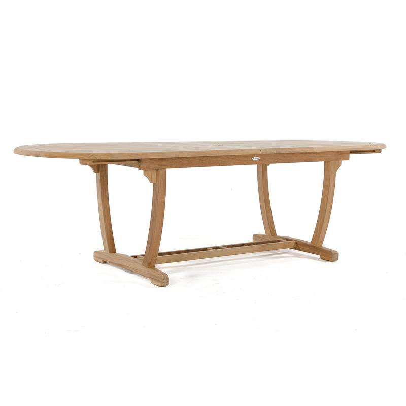 alt="15504 Montserrat Teak Table in angled side view on white background"