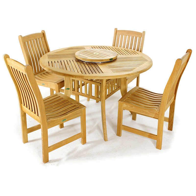 alt="70040 Veranda Hyatt 5 piece teak Dining Set of 48 inch round table and 4 side chairs showing optional teak lazy susan in center umbrella hole on white background"