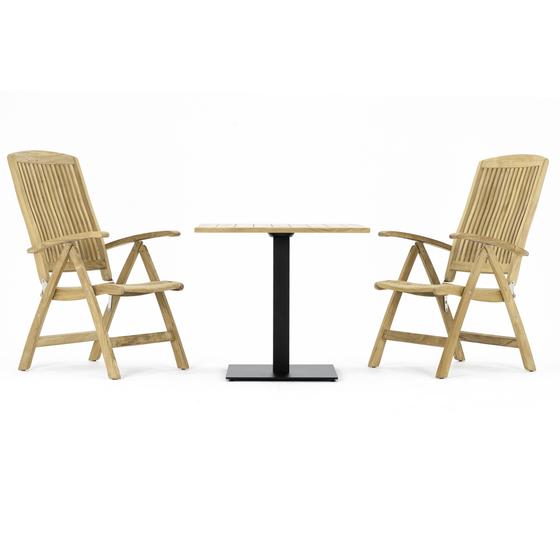 70197 Reclining 3 pc Teak Bistro Set of Teak 32 inch Square Table and 2 Barbuda Reclining Chairs side view on white background