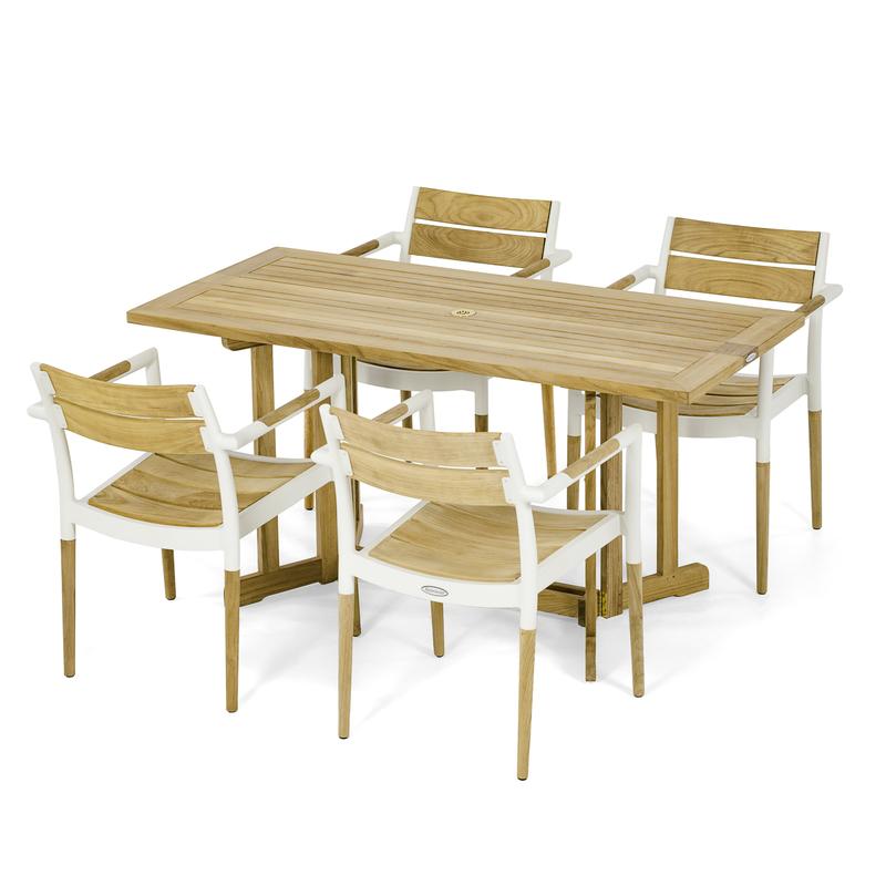 alt="70604 Bloom Nevis 5 piece Rectangular Dining Set of 4 Bloom teak and powdered coated aluminum side chairs and Nevis teak 60 inch rectangle table angled on white background"
