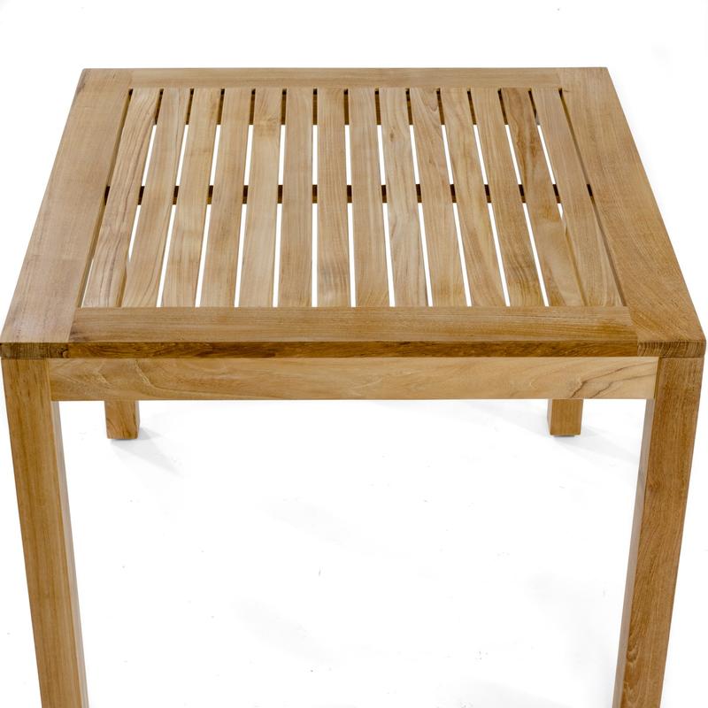 alt="70568 Vogue teak 36 inch square angled view of table top on white background"
