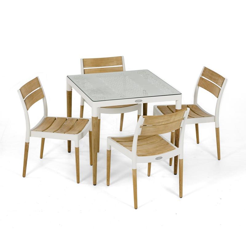 alt="70449 Bloom Glass Top Dining Set of Bloom teak and powder coated aluminum 32 inch square dining table and 4 side chairs aerial angled view on white background"