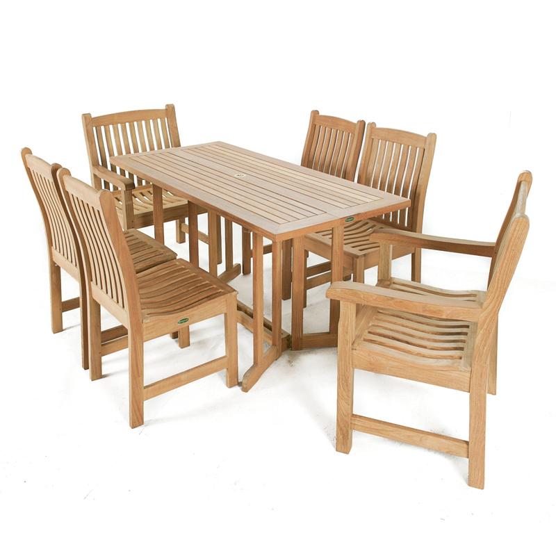 alt="70165 Nevis Veranda 7pc Teak Dining Set of the Nevis Teak 60 inch Rectangular Folding Table and 2 Veranda Dining Arm Chairs and 4 Veranda Side Chairs on a white background"