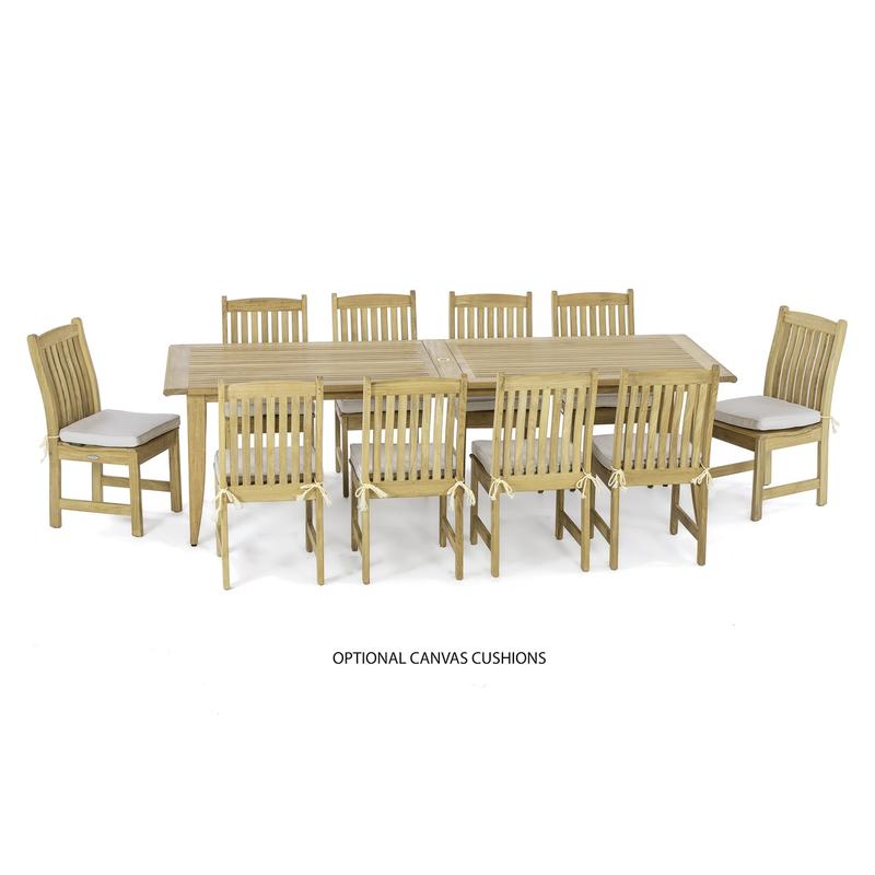 alt="70786 Laguna Veranda 11 piece Teak Dining Set of 10 Veranda Side Chairs with optional canvas cushions and Laguna 11 foot extendable Rectangular Table side view on white background "