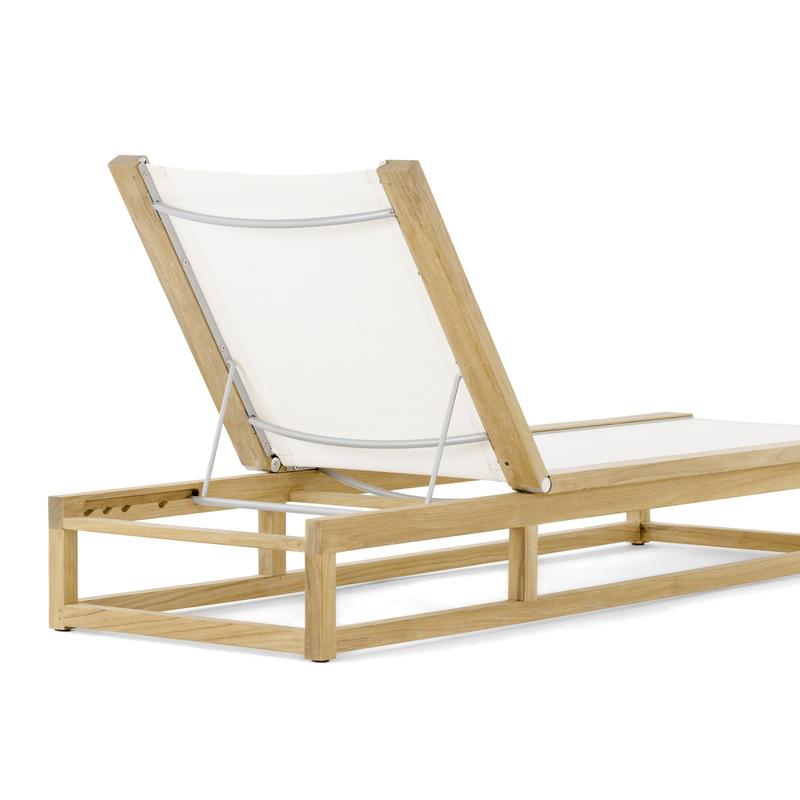 alt="16771dp Maya teak Sling Lounger in white textilene mesh fabric back view of adjustable back rest on white background"