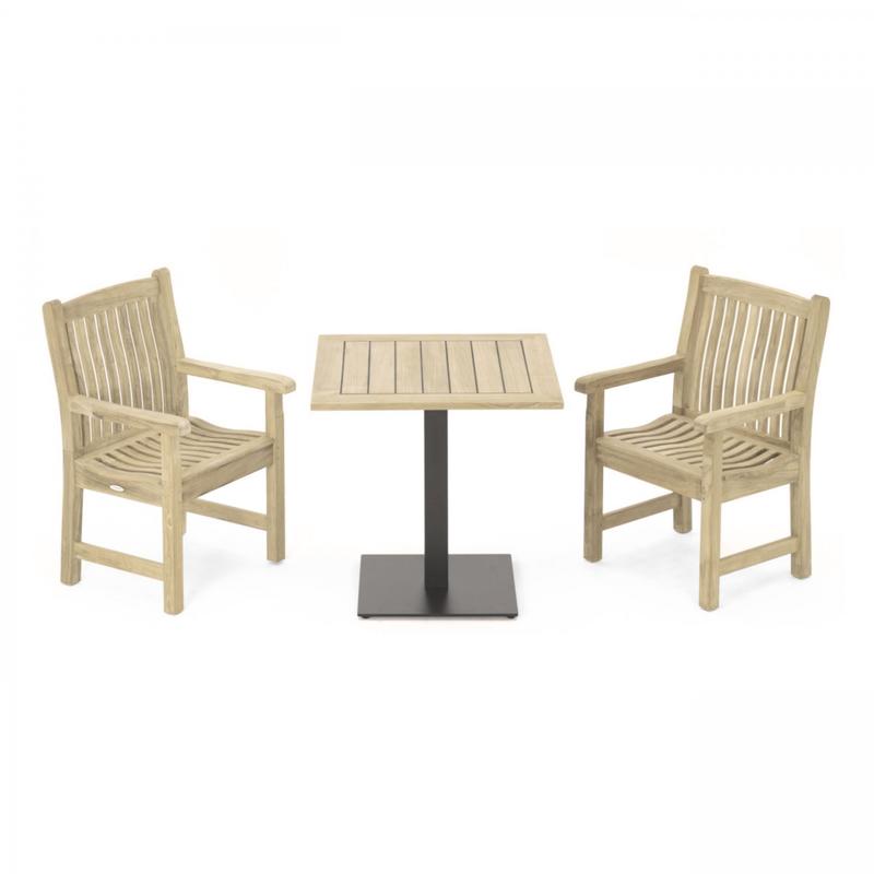 alt="70195 Veranda 3 pc Teak Bistro Set of Vogue Teak 32 Inch Square Table and 2 Veranda Dining Armchairs angled on white background"