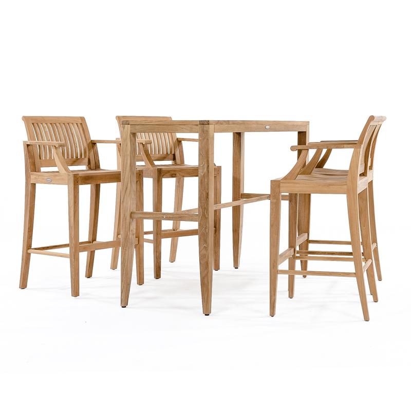 alt="70501 Laguna 5pc teak Bar Set of four bar stools with armrest and rectangle table on white background"