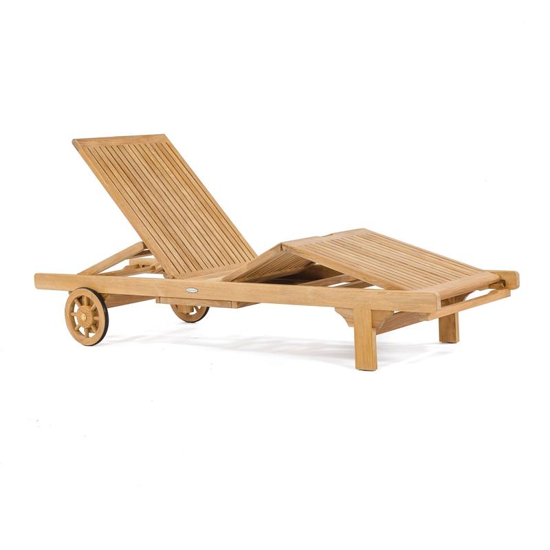 alt="70510 Somerset teak double chaise frame angled showing back rest and articulating knee area upright on white background"