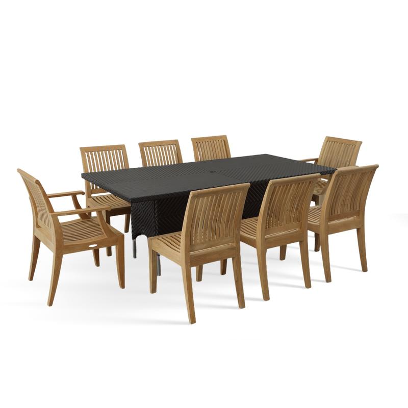 alt="70294 Laguna Valencia 9 piece teak Dining Set of 2 Laguna dining chairs and 6 Laguna dining side chairs and Valencia synthetic wicker 79 inch rectangular table angled on white background"