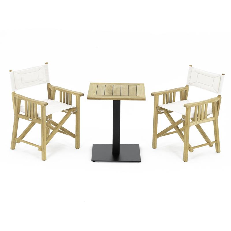 alt="70191 Barbuda 3 pc Teak Bistro Set of Vogue Teak 24 Inch Square Table and 2 Barbuda Director Chairs side angled view on white background"