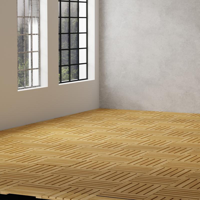 alt="18490 Callebotise Teak Floor Tiles  on an interior room with windows in background"