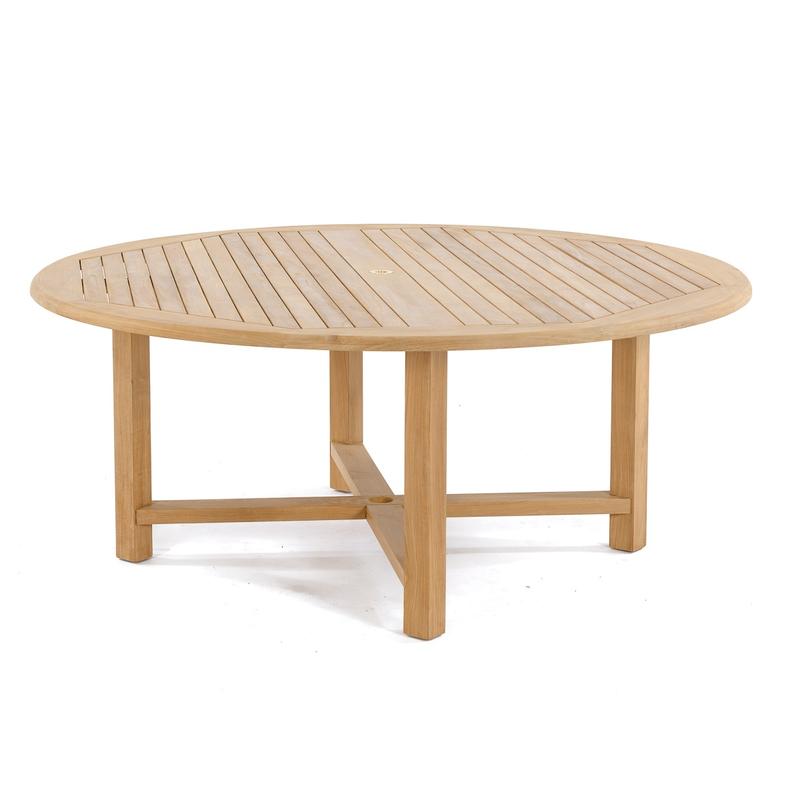 alt="70493 Buckingham Laguna teak 6 foot round dining table angled on white background"