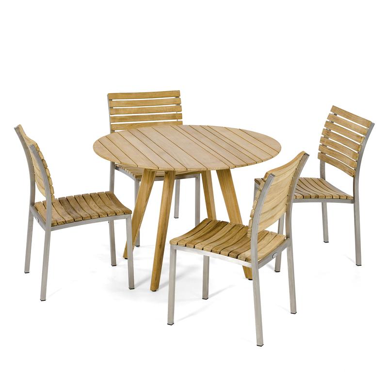 alt="70549 Vogue Surf Dining Set of Surf teak 42 Inch Round Table and 4 Vogue Teak and Stainless Steel Side Chair angled on a white background"